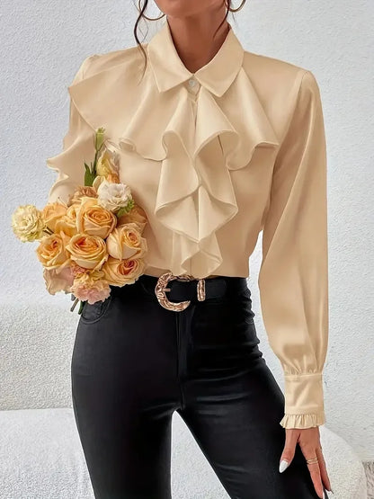 EtherealBe casual lapel button shirts for women with ruffle detailing, paired with black jeans and flowers