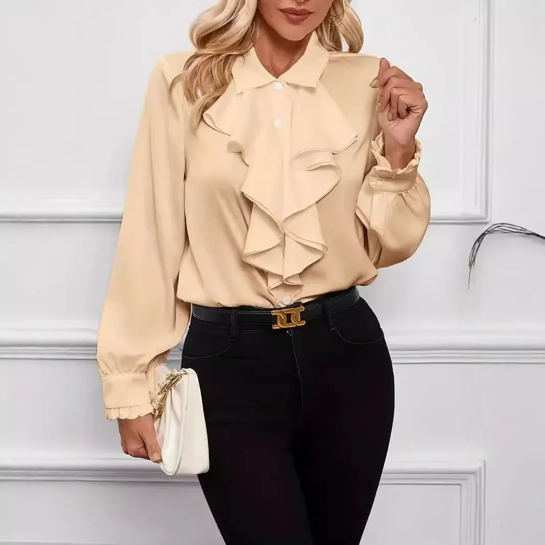 EtherealBe casual lapel button shirts for women in beige with ruffle details and long sleeves