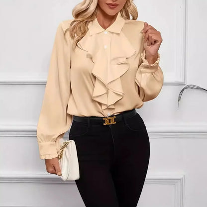 EtherealBe casual lapel button shirts for women in beige with ruffle details and long sleeves