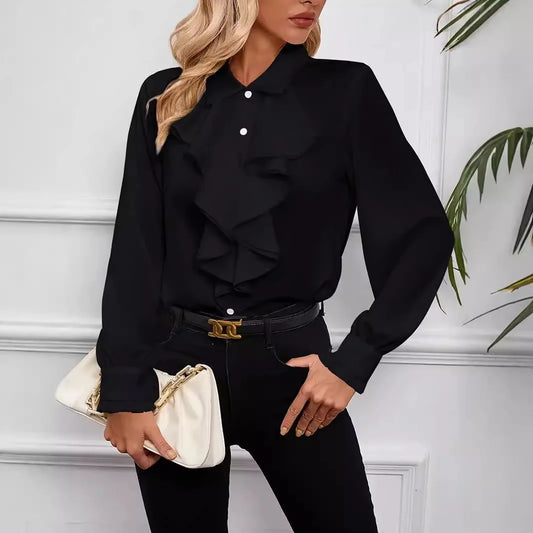 Elegant black casual lapel button shirt for women with ruffle details perfect for everyday wear