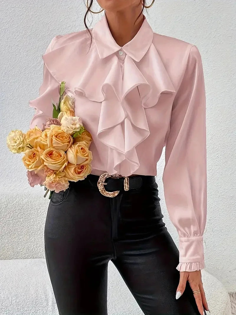 EtherealBe casual lapel button shirts for women in light pink with ruffles and long sleeves