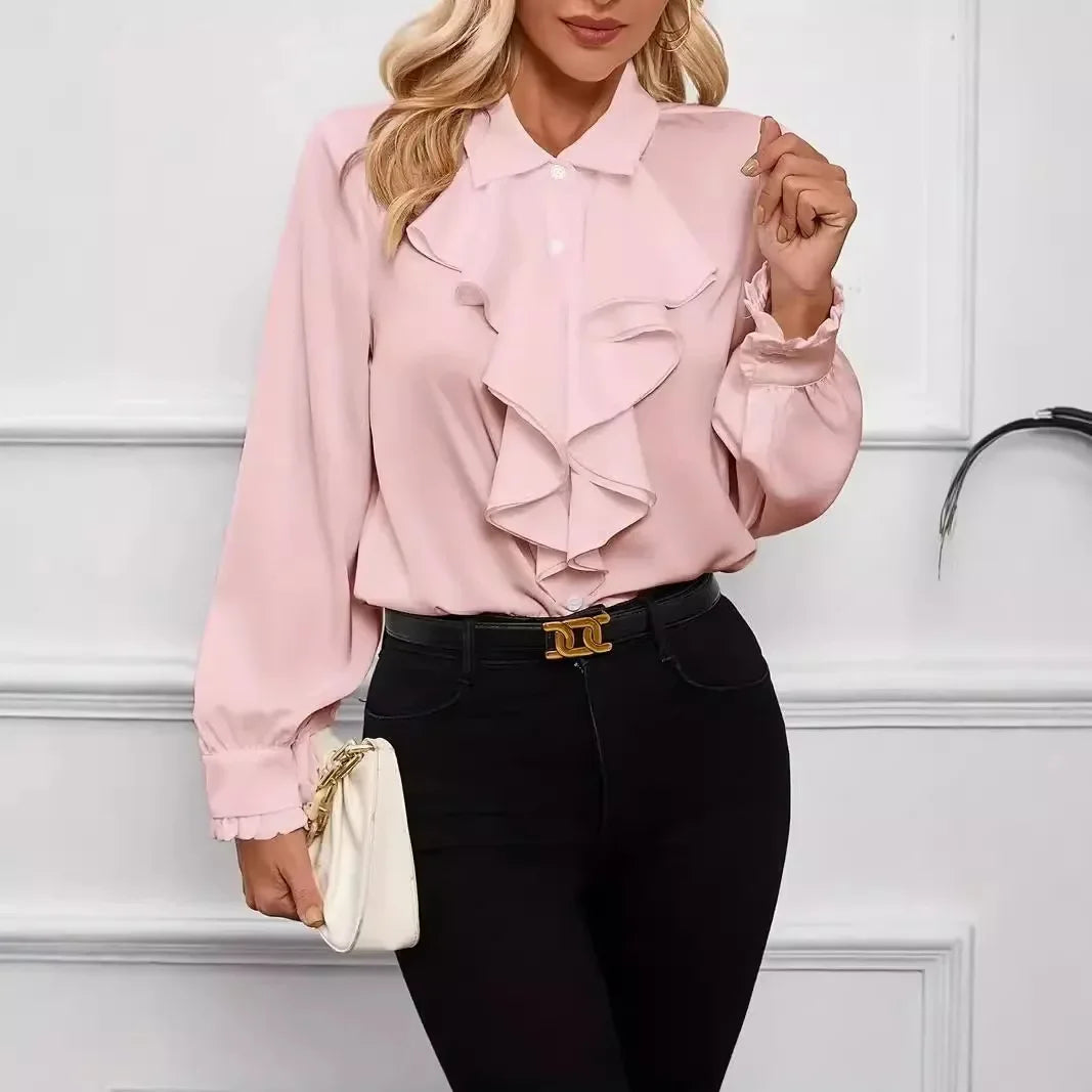 EtherealBe casual lapel button shirts for women in soft pink with ruffle design and long sleeves