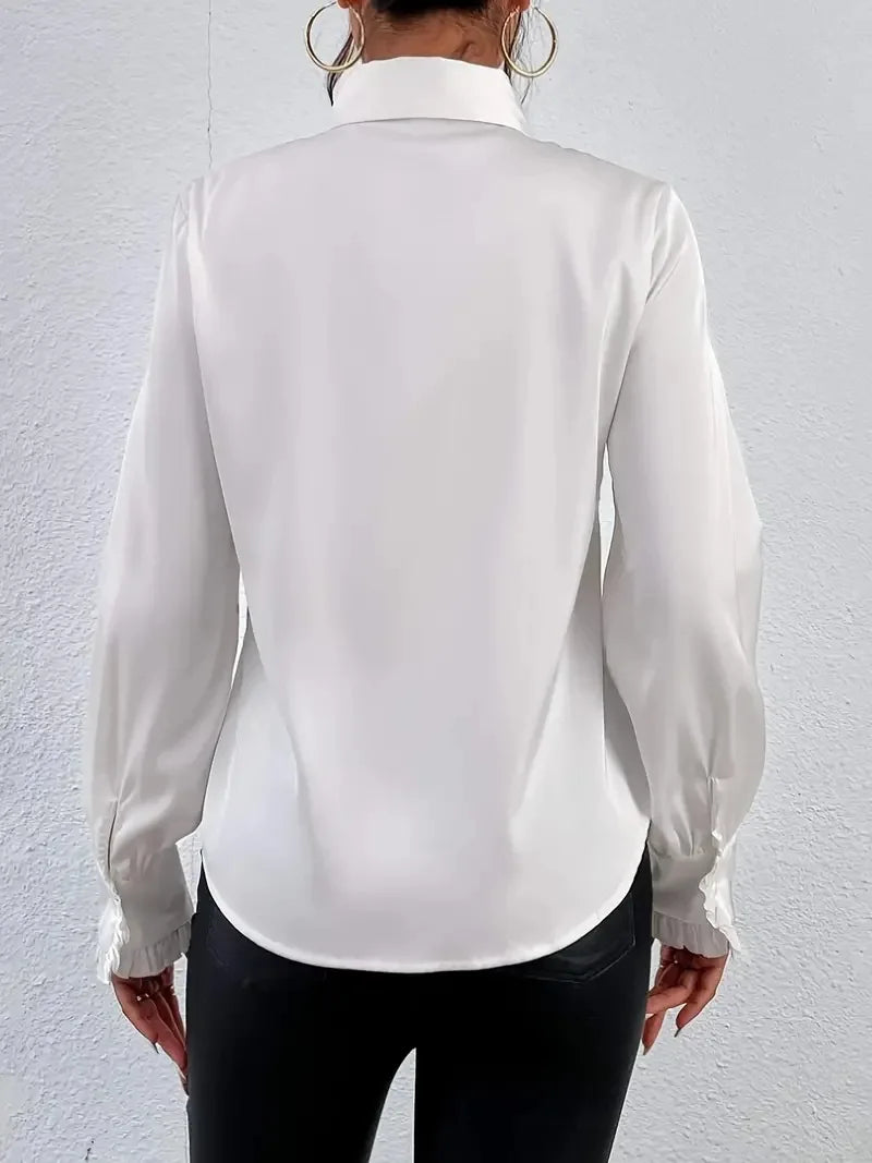 EtherealBe Women's Casual Lapel Button Shirt in White with Long Sleeves and Elegant Design