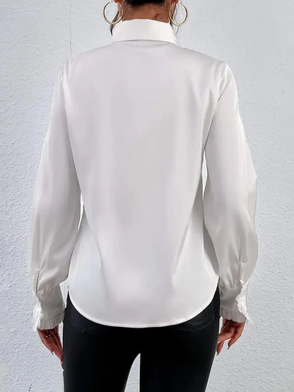 EtherealBe Women's Casual Lapel Button Shirt in White with Long Sleeves and Elegant Design