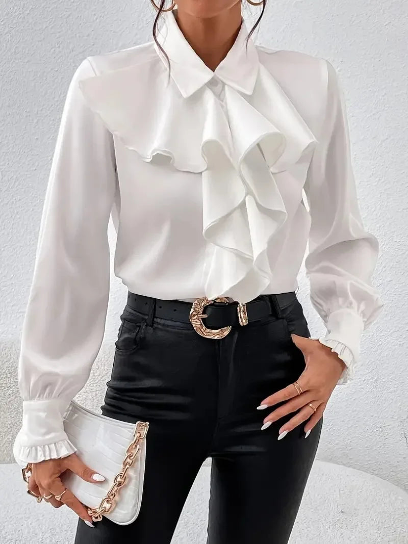 EtherealBe White Casual Lapel Button Shirt for Women with Stylish Ruffle Detail