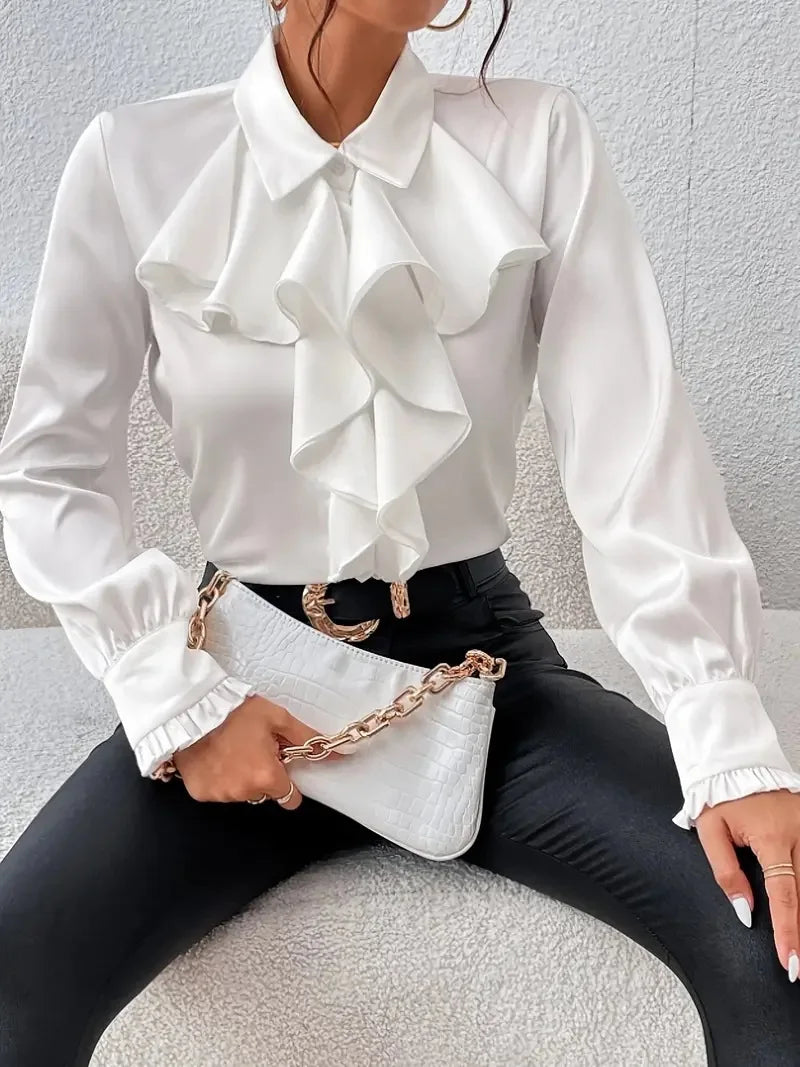 EtherealBe Casual Lapel Button Shirts for Women in White with Ruffled Design and Long Sleeves
