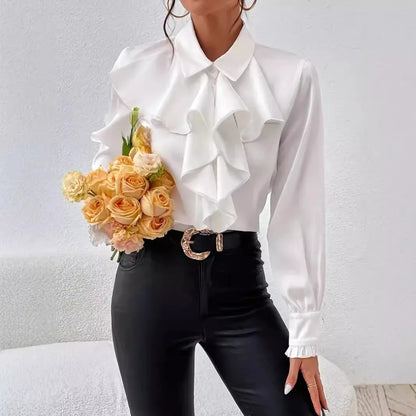 EtherealBe White Casual Lapel Button Shirts for Women with Ruffle Details and Long Sleeves