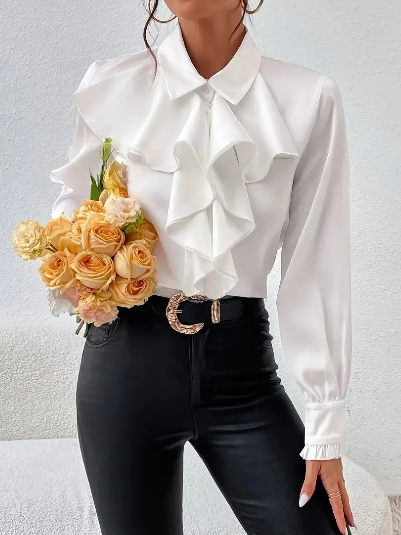 EtherealBe casual lapel button shirts for women with ruffle detailing in white, perfect for stylish outfits