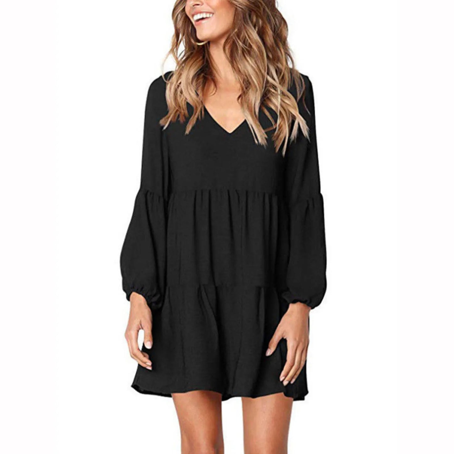 EtherealBe casual long sleeve v neck dress in black with puff sleeves and a flowy design