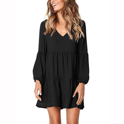 EtherealBe casual long sleeve v neck dress in black with puff sleeves and a flowy design