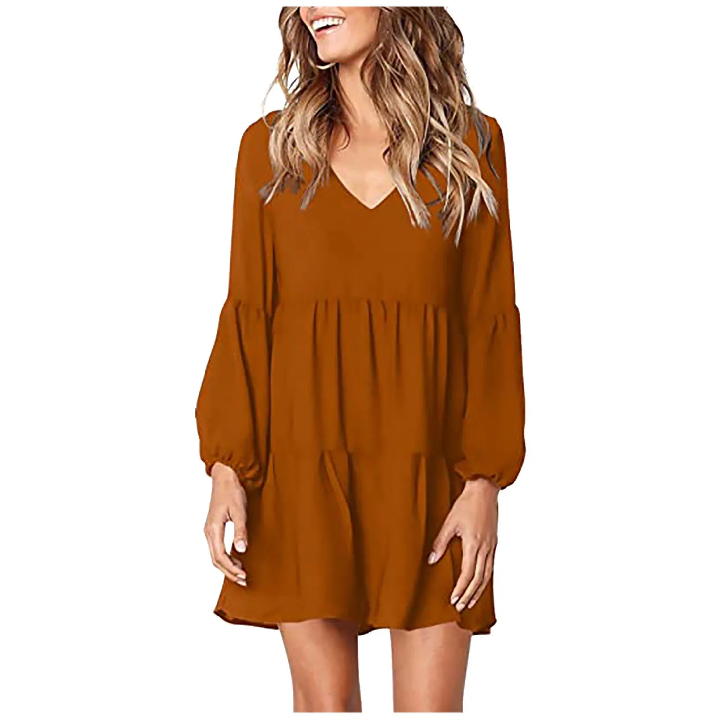 EtherealBe casual long sleeve v neck dress in rust color with puff sleeves and relaxed fit