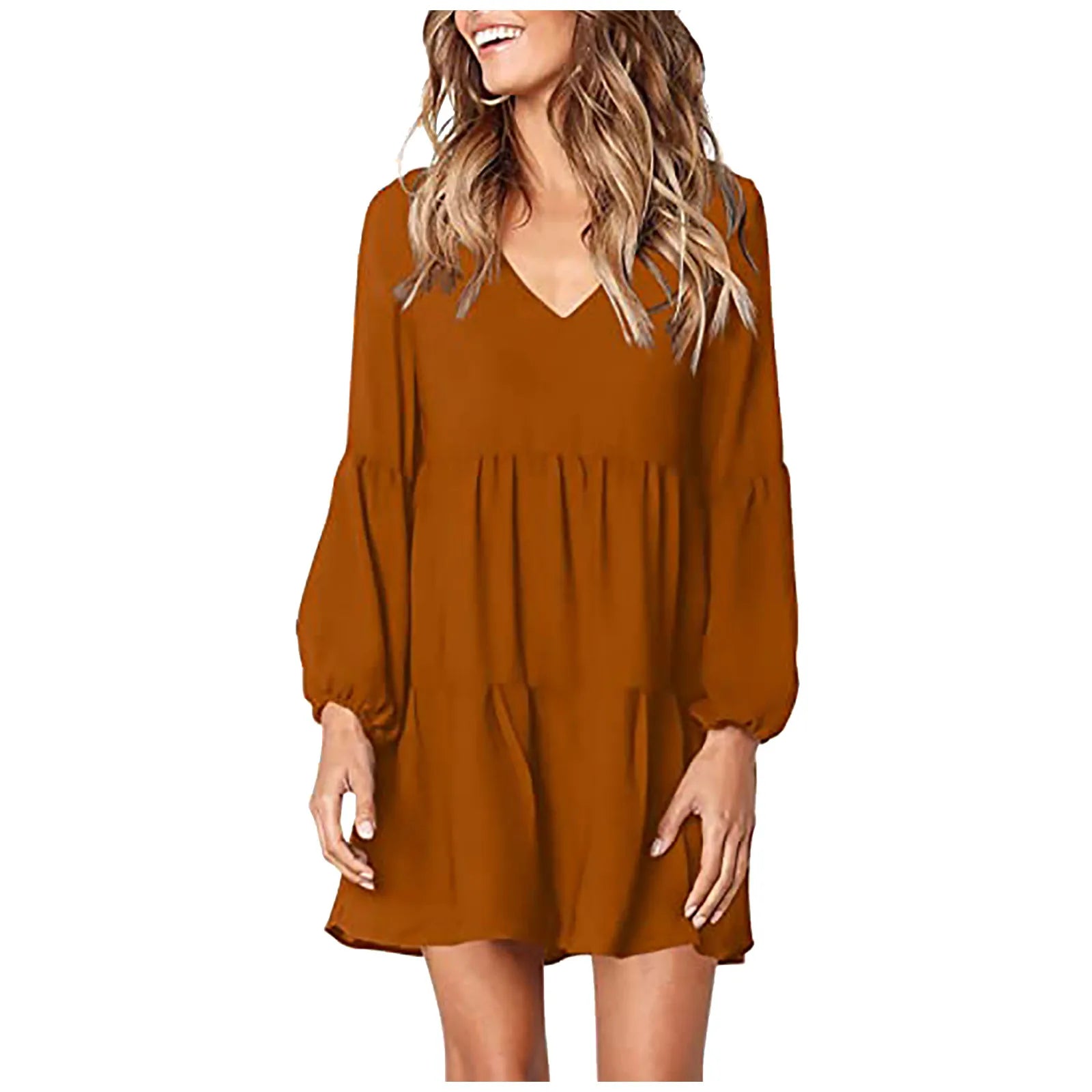 EtherealBe casual long sleeve v neck dress in rust color with puff sleeves and relaxed fit