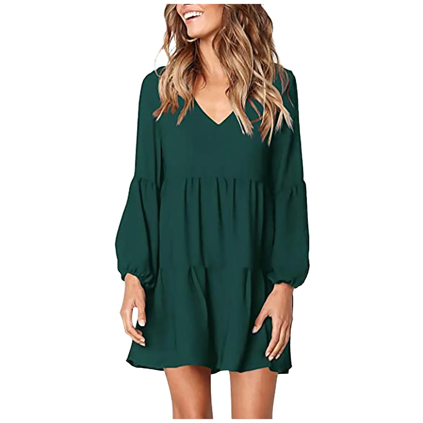 EtherealBe casual long sleeve v neck dress in green with balloon sleeves and a flowy design