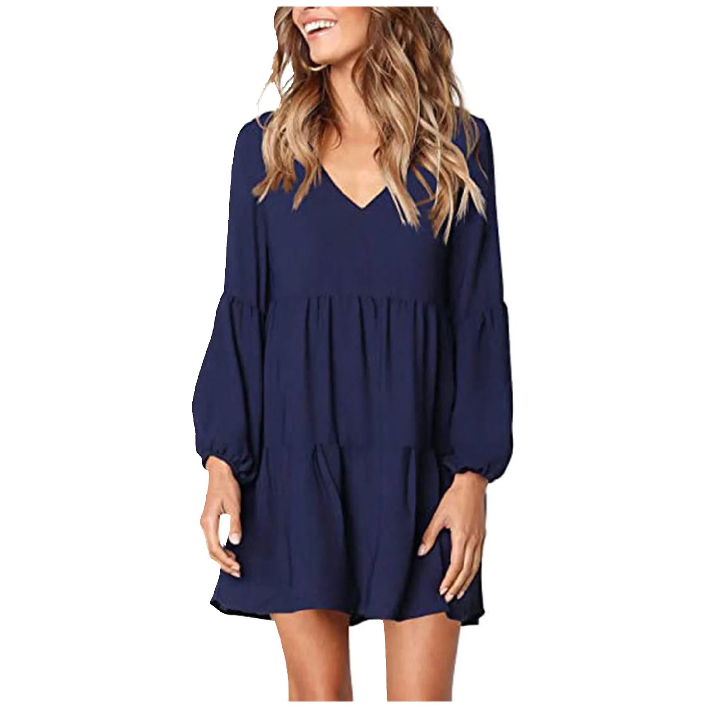 EtherealBe Casual Long Sleeve V Neck Dress in Navy Blue with a Flowy Design