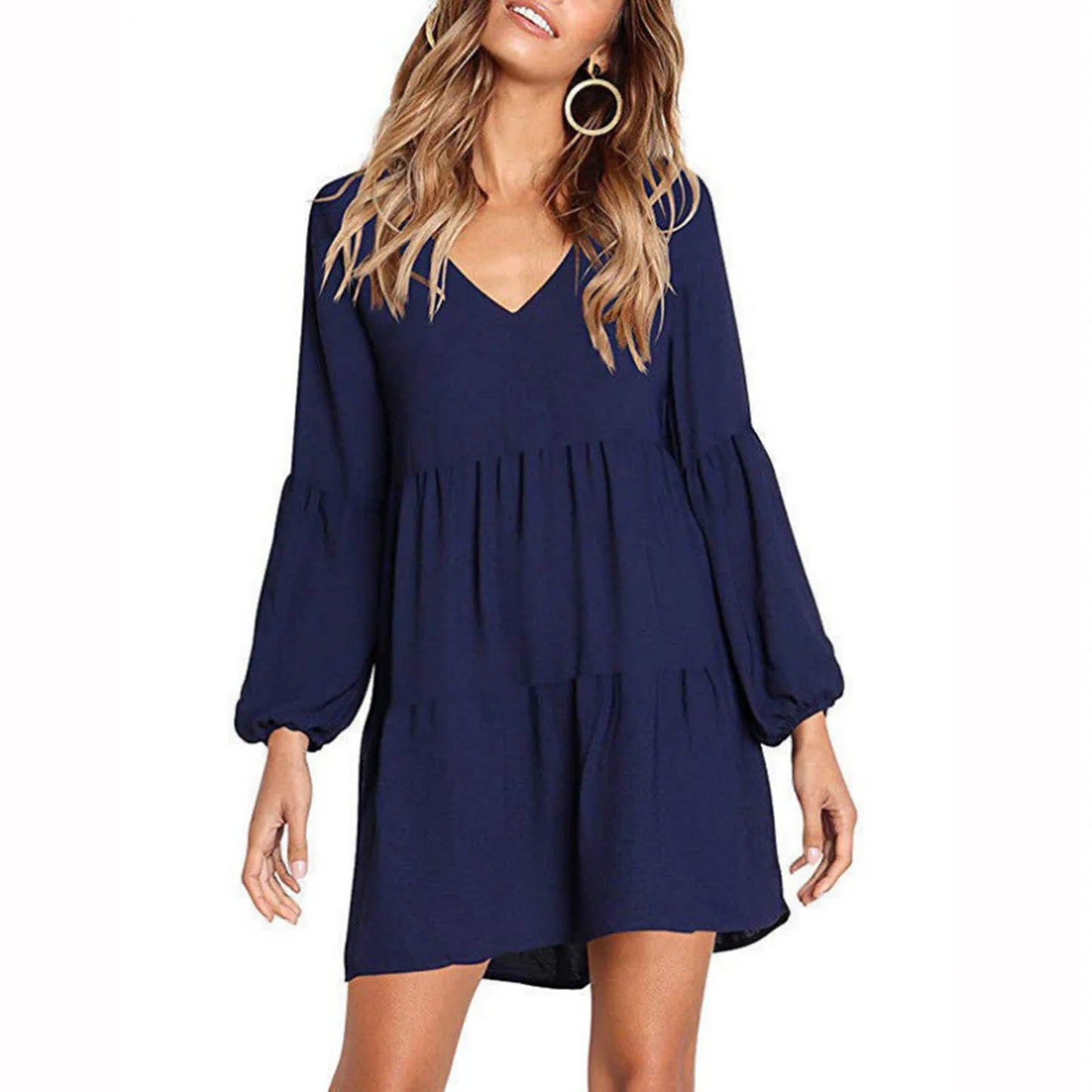Navy casual long sleeve v neck dress with voluminous sleeves and tiered design for everyday wear