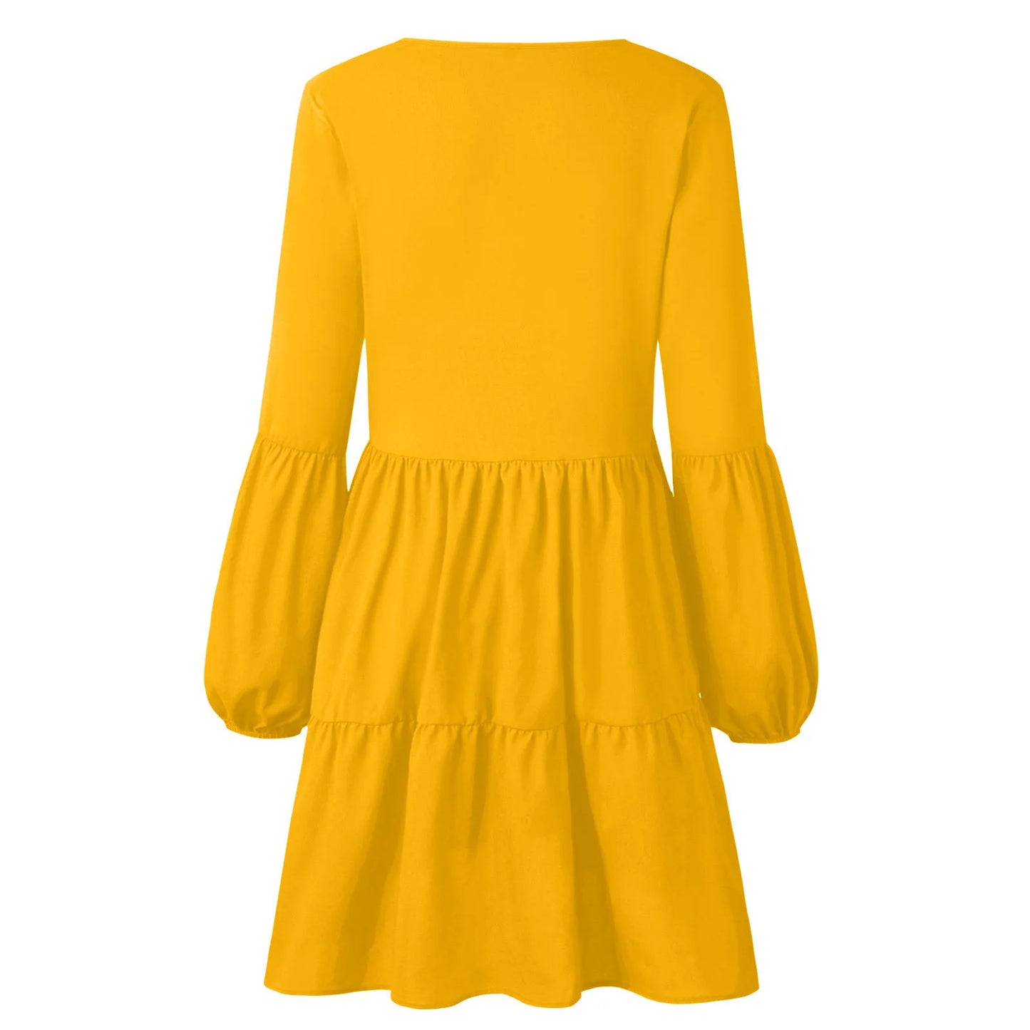 Yellow casual long sleeve v neck dress with balloon sleeves and tiered design for a relaxed look