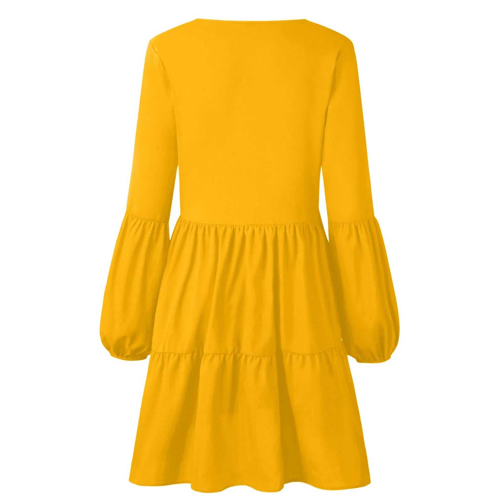 Yellow casual long sleeve v neck dress with balloon sleeves and tiered design for a relaxed look