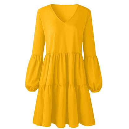 EtherealBe casual long sleeve v neck dress in vibrant yellow with balloon sleeves