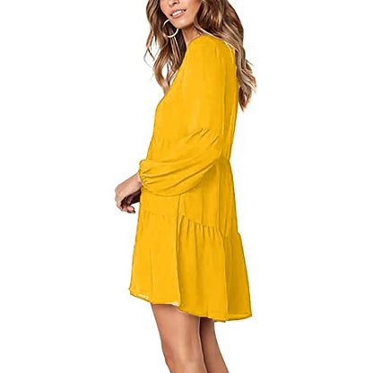 EtherealBe Casual Long Sleeve V Neck Dress in Bright Yellow with Flowy Skirt for Stylish Comfort