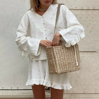 EtherealBe casual ruffle v neck outfit for women featuring a linen top and matching shorts