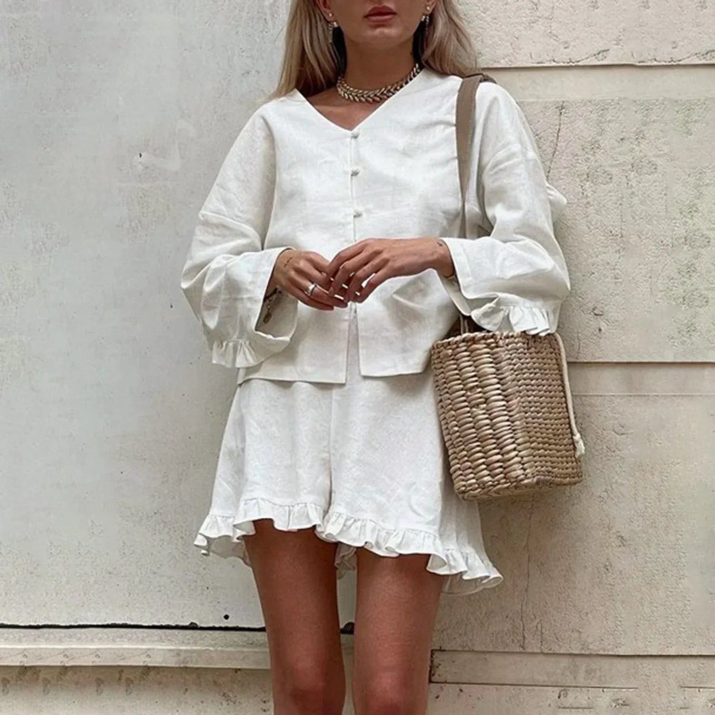 EtherealBe casual ruffle v neck outfit for women, featuring a stylish top and ruffled shorts