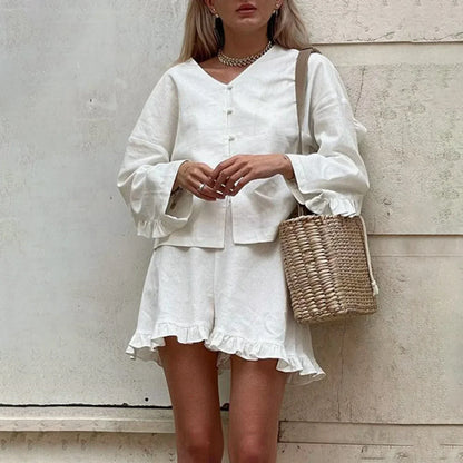 EtherealBe casual ruffle v neck outfit for women, featuring a stylish top and ruffled shorts
