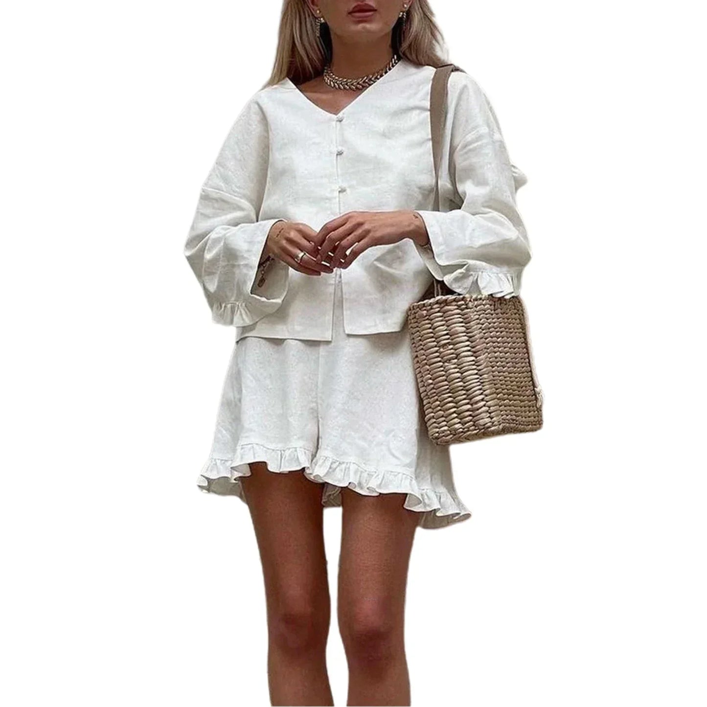 EtherealBe casual ruffle v neck outfit for women in light fabric with matching skirt and stylish accessories