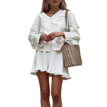 EtherealBe casual ruffle v neck outfit for women in light fabric with matching skirt and stylish accessories