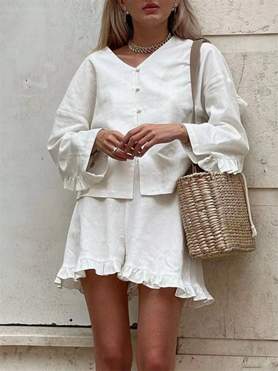 EtherealBe Casual Ruffle V Neck Outfit for Women featuring a stylish top and short set in white