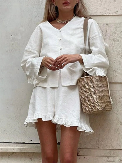 EtherealBe Casual Ruffle V Neck Outfit for Women featuring a stylish top and short set in white