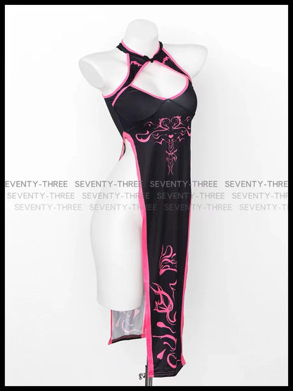 Black and pink cheongsam high fork totem cosplay costume featuring unique designs and a sleek silhouette