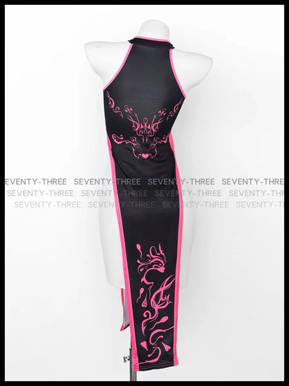 EtherealBe cheongsam high fork totem cosplay costume in black with pink detailing and elegant design