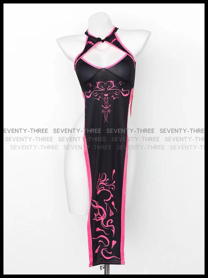 EtherealBe cheongsam high fork totem cosplay costume in black with pink detailing for stylish cosplay enthusiasts