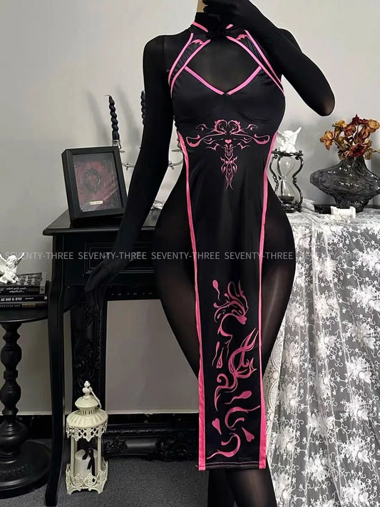 EtherealBe cheongsam high fork totem cosplay costume in black with pink accents and intricate designs