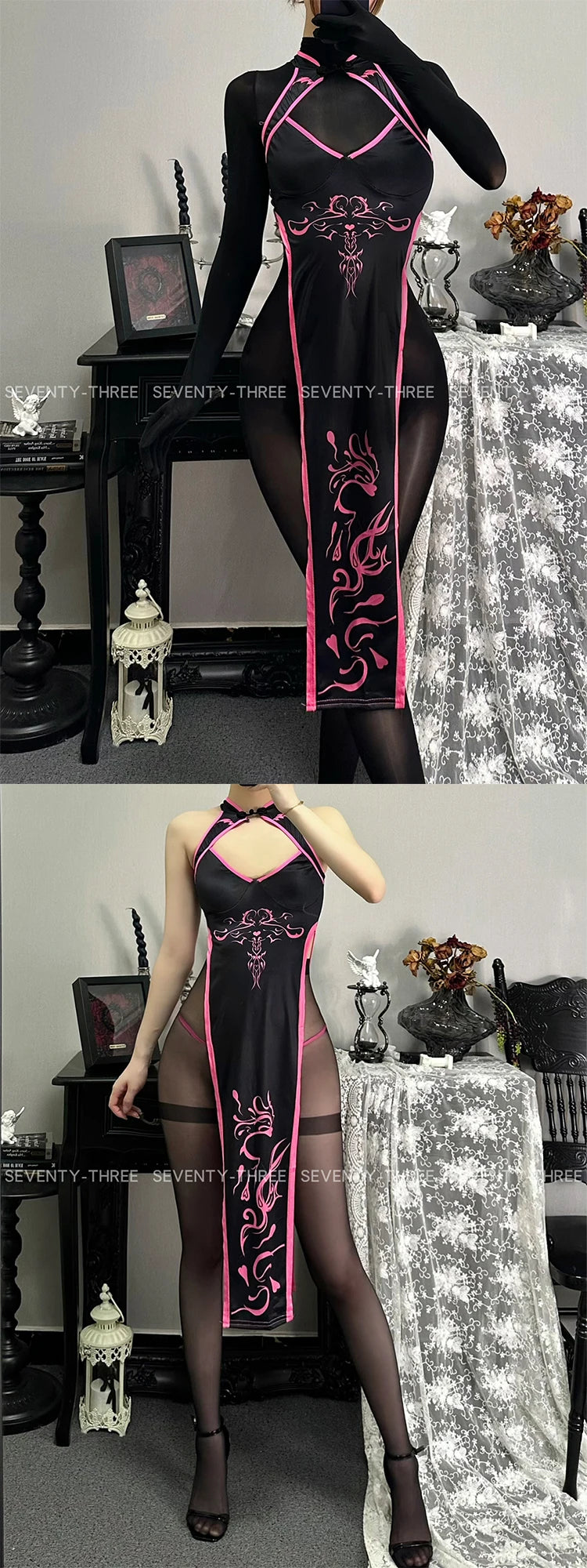 EtherealBe cheongsam high fork totem cosplay costume featuring intricate designs and a stylish black and pink color scheme