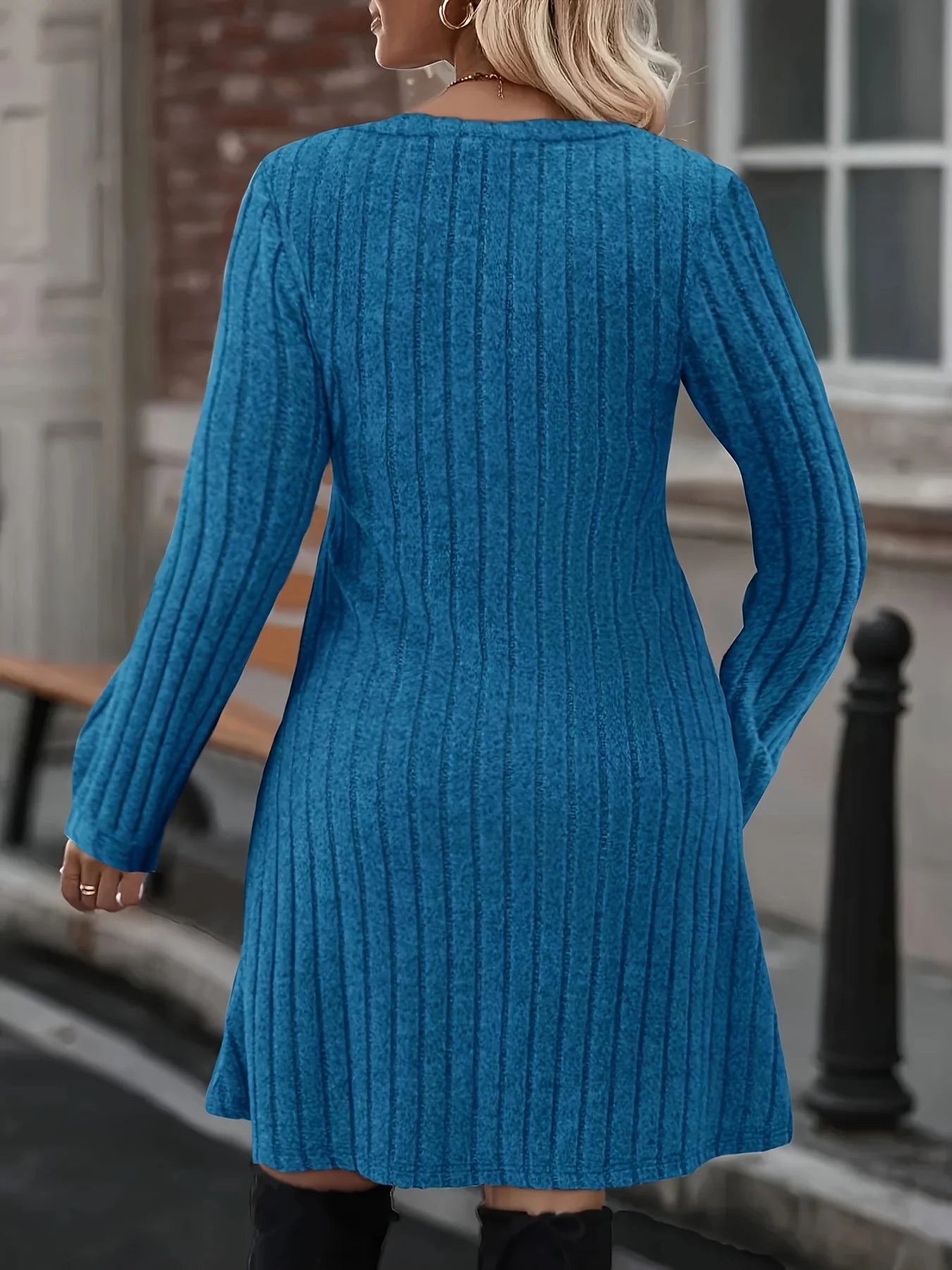 EtherealBe chic comfortable sweater dress in blue with ribbed texture and long sleeves perfect for casual outings