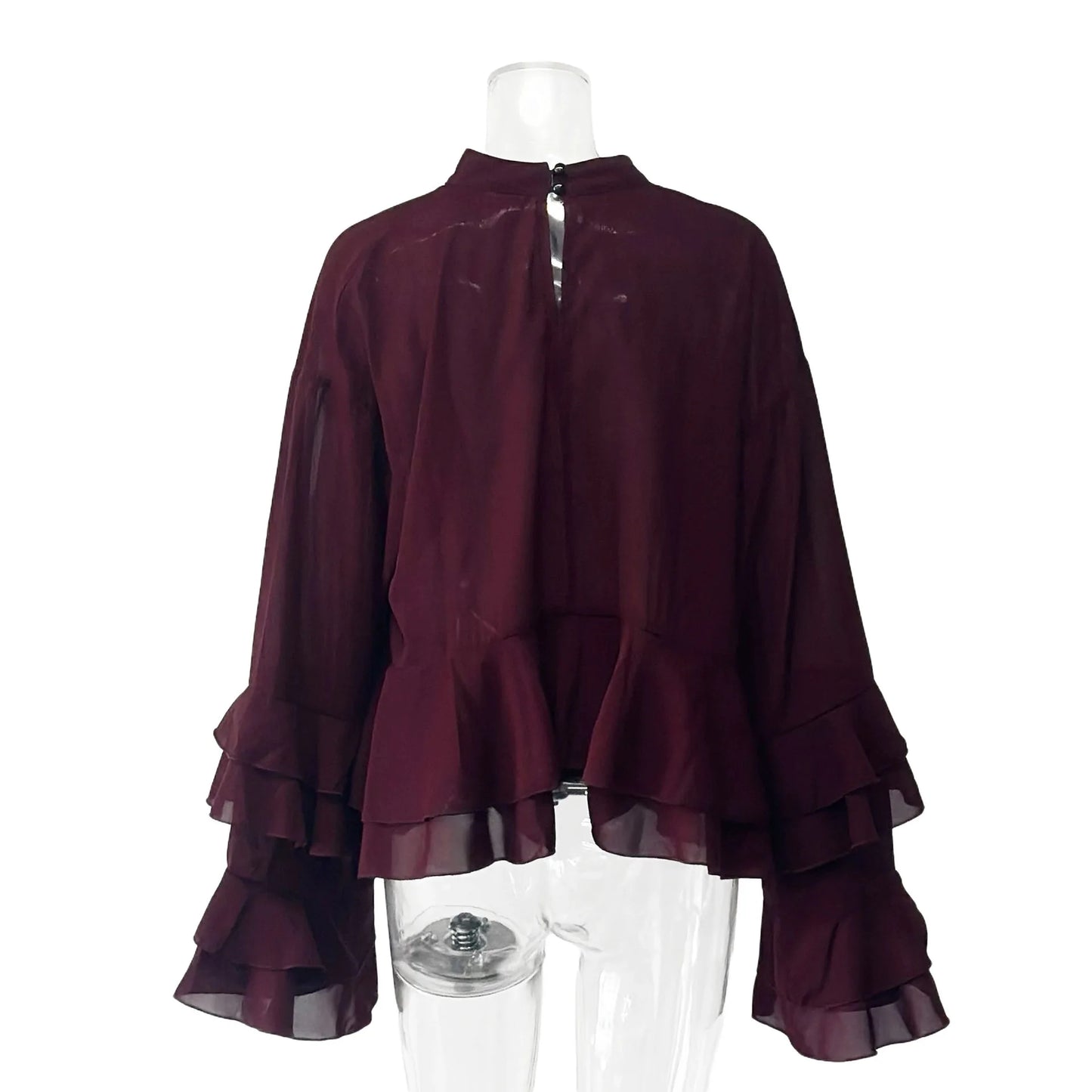 EtherealBe chic long sleeve o-neck sheer top in burgundy with ruffled sleeves and a back zipper