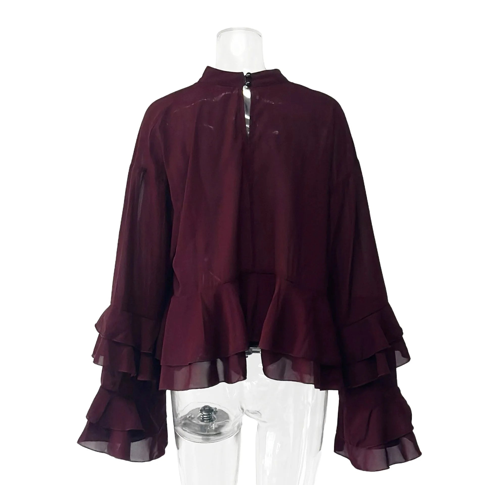 EtherealBe chic long sleeve o-neck sheer top in burgundy with ruffled sleeves and a back zipper