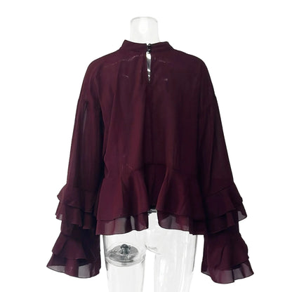 EtherealBe chic long sleeve o-neck sheer top in burgundy with ruffled sleeves and a back zipper