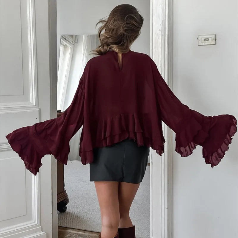 EtherealBe chic long sleeve o-neck sheer top in burgundy with ruffled sleeves and keyhole back