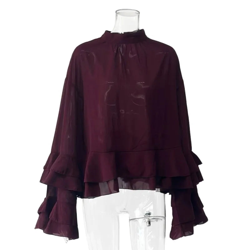 Chic long sleeve o-neck sheer top in deep burgundy with ruffled sleeves for a stylish look