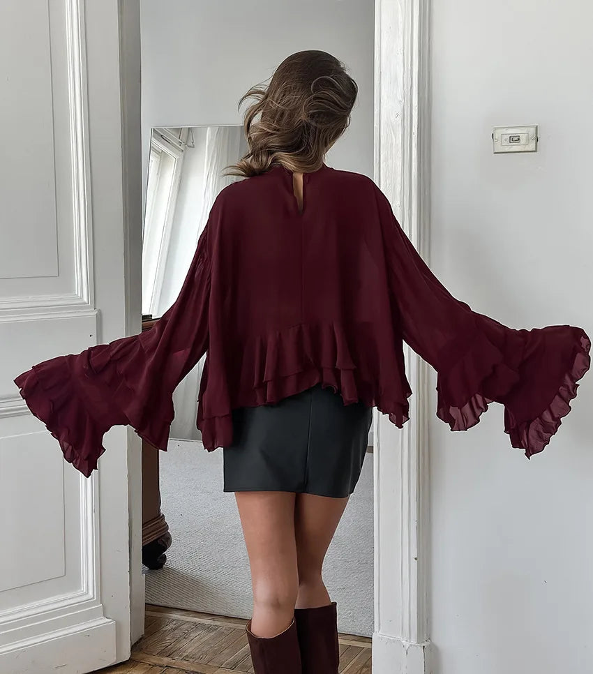 EtherealBe chic long sleeve o-neck sheer top in burgundy with ruffled bell sleeves