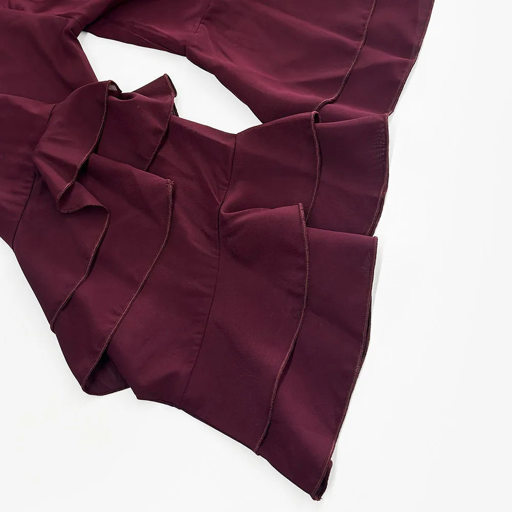 EtherealBe chic long sleeve o-neck sheer top in burgundy with stylish ruffled details
