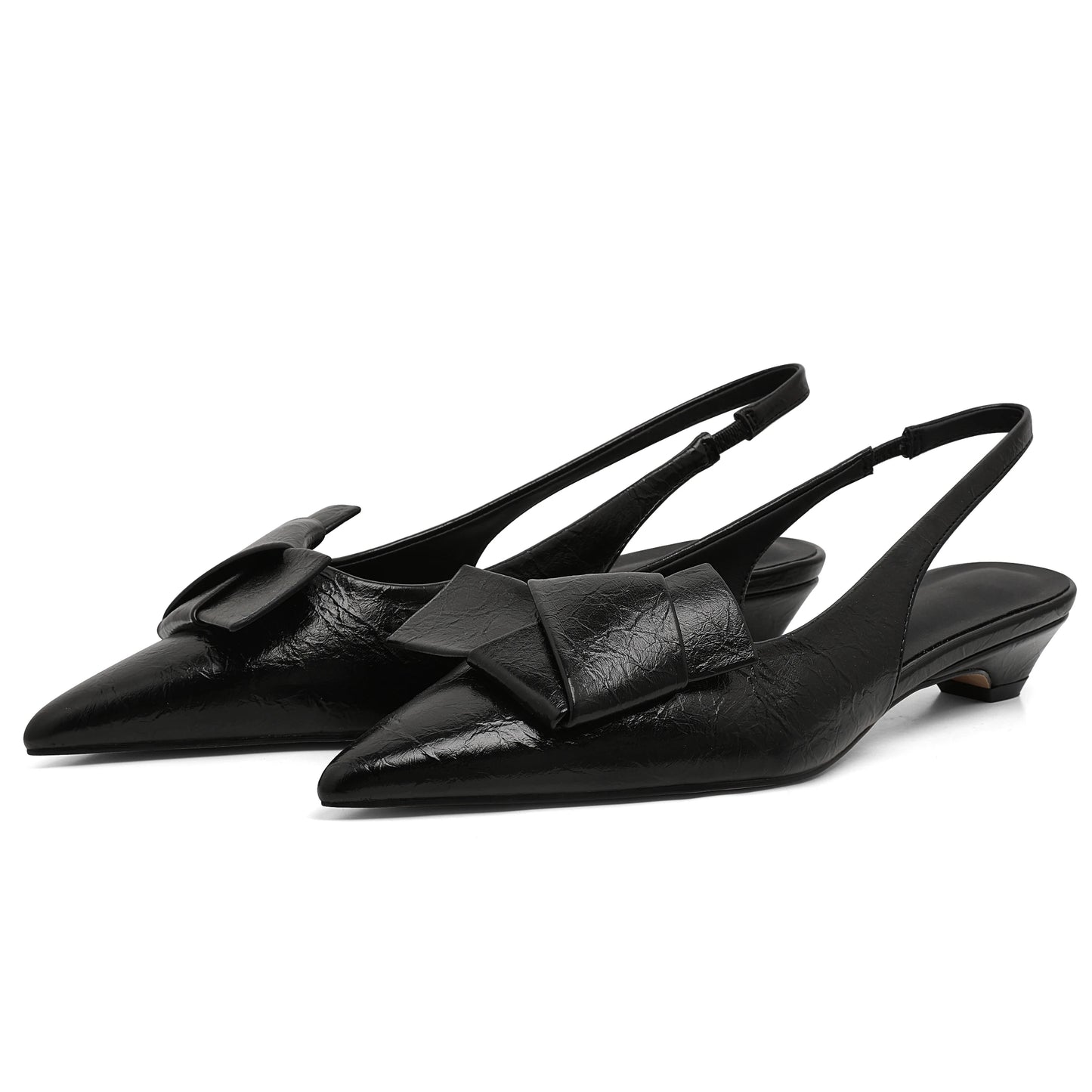 EtherealBe chic office pleated slip-on flats with bow detail in black leather for stylish work attire