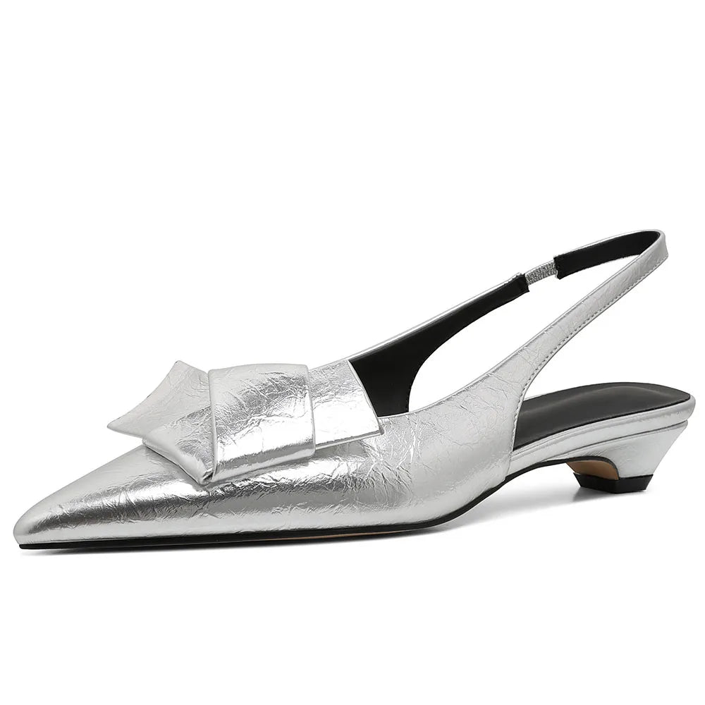 EtherealBe chic office pleated slip-on flats with bow detail in silver for stylish work attire
