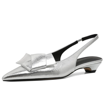EtherealBe chic office pleated slip-on flats with bow detail in silver for stylish work attire