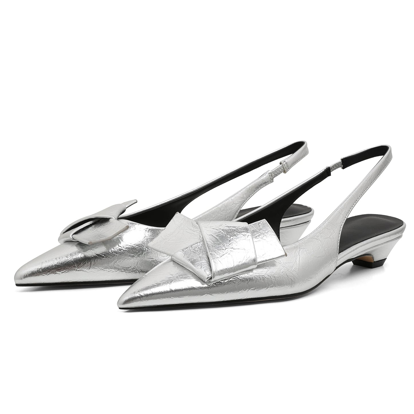EtherealBe chic office pleated slip-on flats with bow detail in silver metallic finish