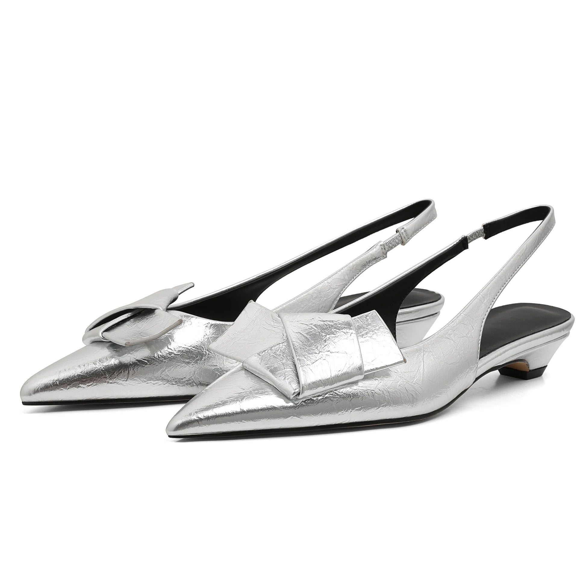 EtherealBe chic office pleated slip-on flats with bow detail in silver metallic finish