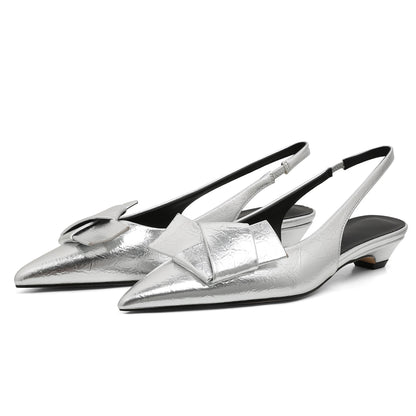 EtherealBe chic office pleated slip-on flats with bow detail in silver metallic finish