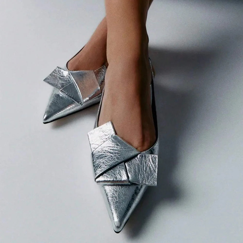 EtherealBe chic office pleated slip-on flats with bow detail in metallic silver finish